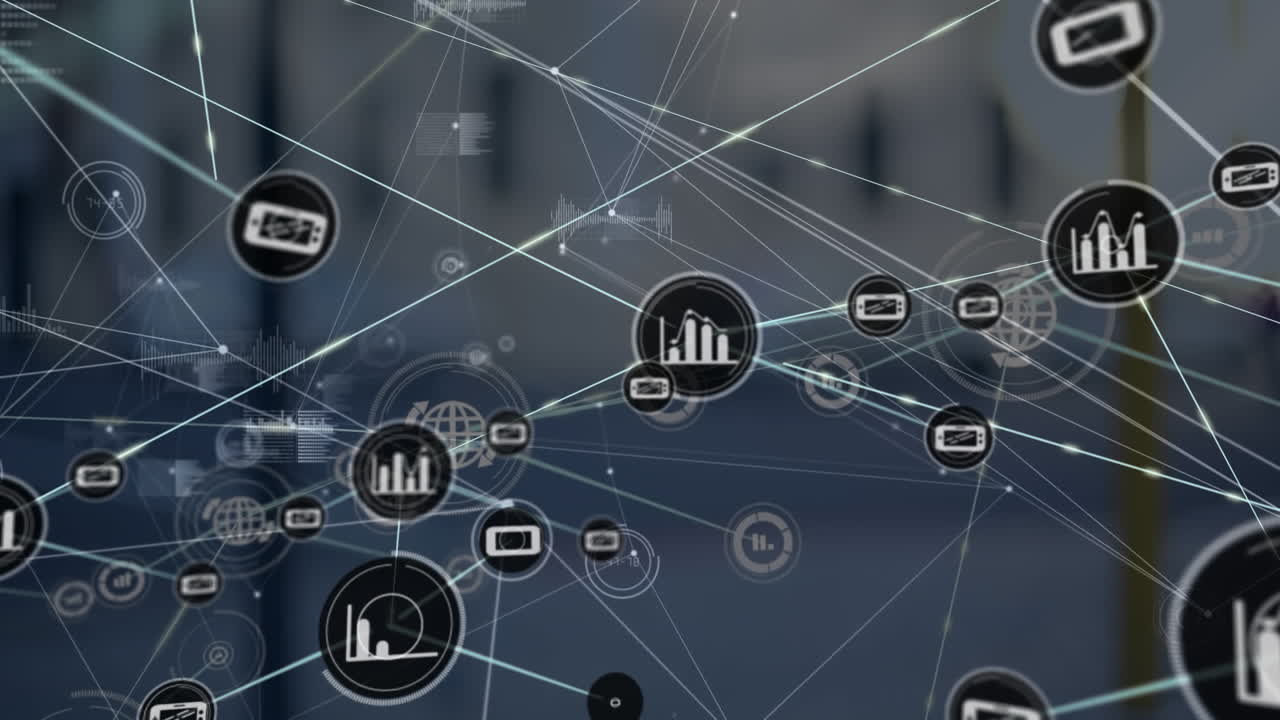 animación de iconos y puntos conectados y gráficos contra un fondo abstracto