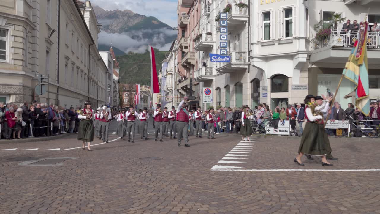 Brass band Erminio Deflorian di Tesoro at the annual Grape Festival, Meran - Merano, South Tyrol, Italy (part 1 of 3)