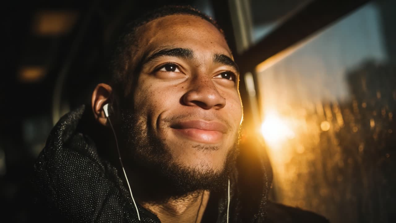 A Young Man Enjoying a Serene Moment of Reflection on Public Transportation While Listening to Music and Soaking in the Warm Glow of Sunset