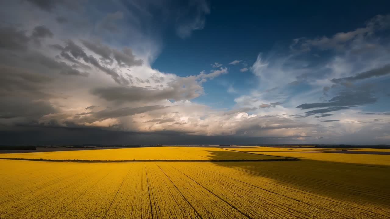 Advancing camera capturing golden crop field over farm to horizon under sunlight and storm clouds