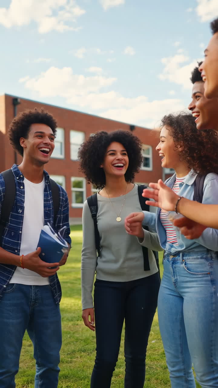 Gruppo eterogeneo di studenti universitari che ridono nel campus