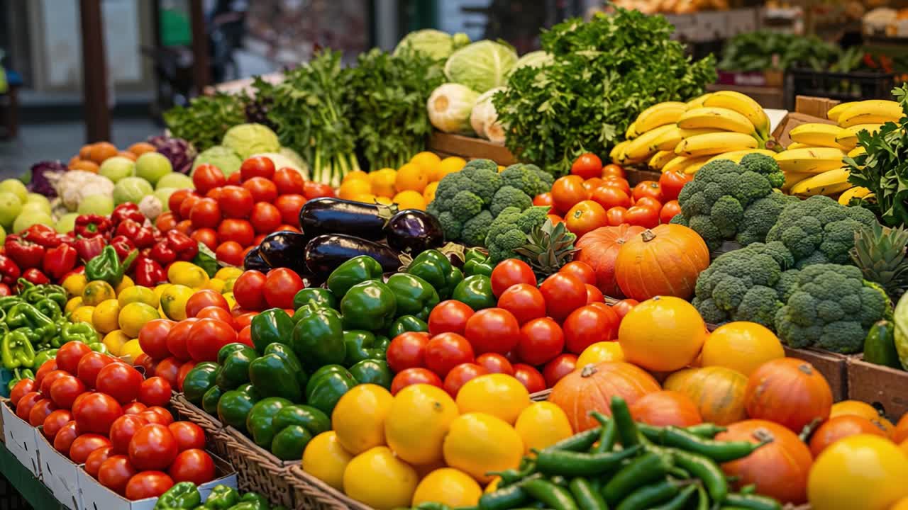 Vibrant Display of Fresh Produce at a Local Market Featuring a Colorful Array of Fruits and Vegetables in Baskets, Showcasing Nature's Bounty and Seasonal Delights