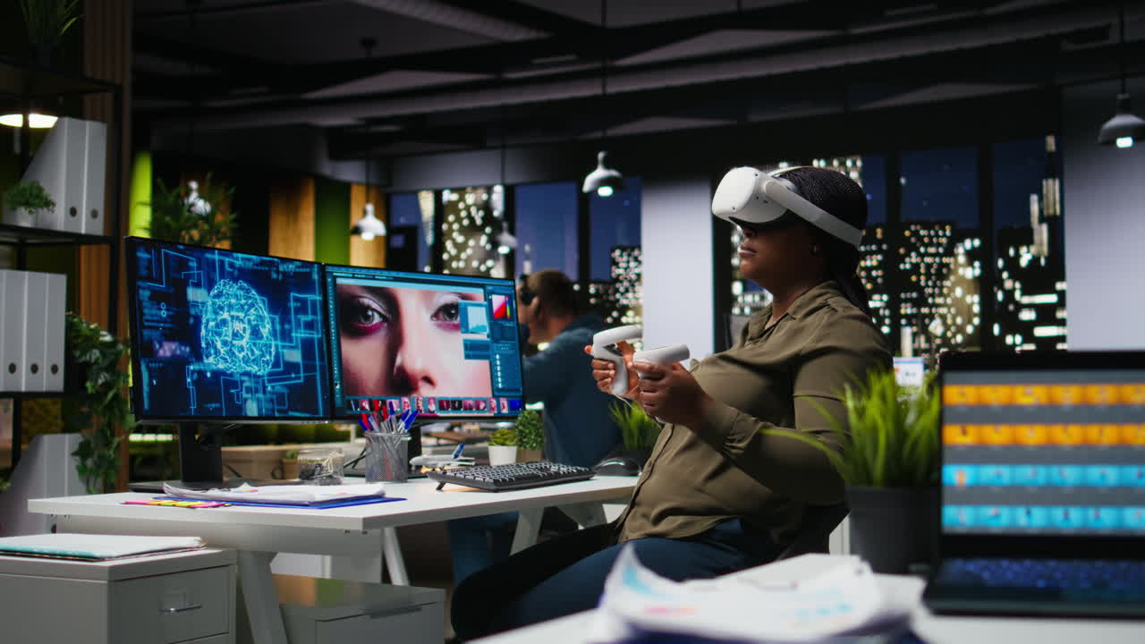 African american woman uses VR headset and AI to edit photos