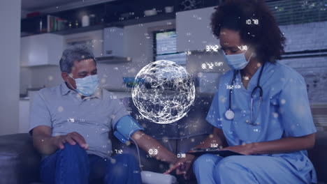 animation of globe with data processing over diverse doctor and patient measuring blood pressure