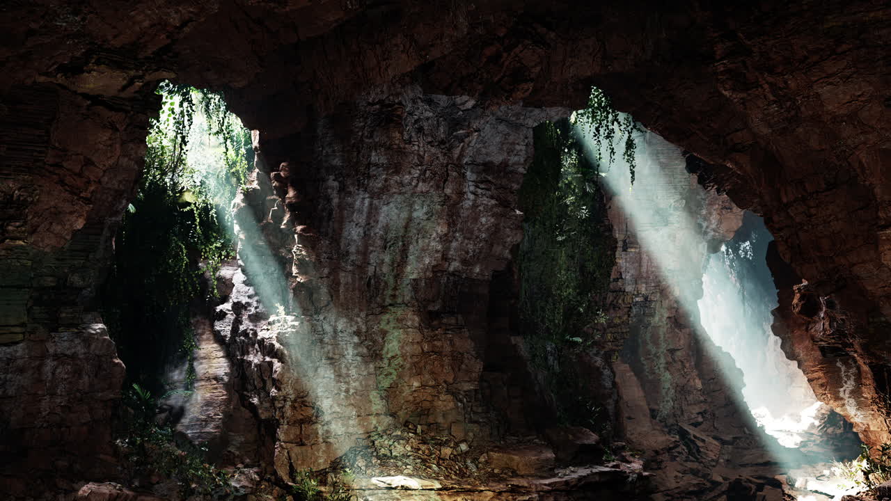 rayos de sol brillando a través de la entrada de una cueva en la selva