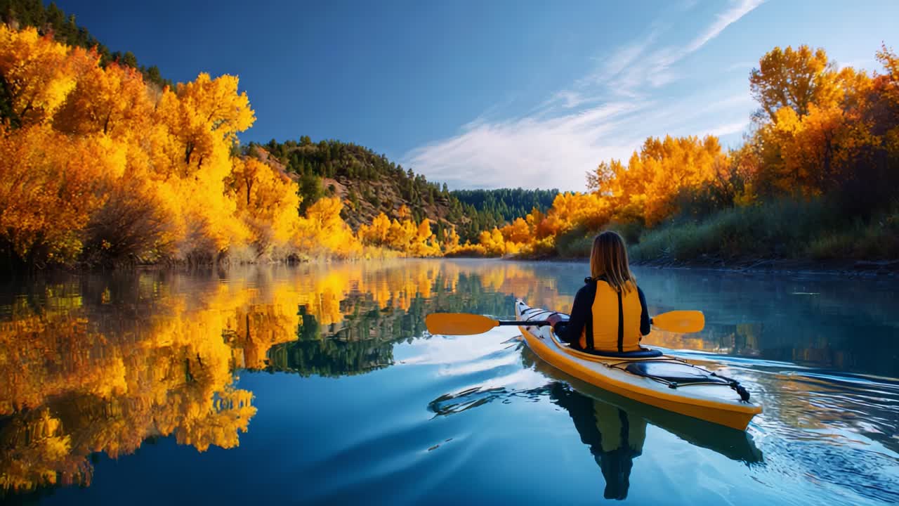 A serene and breathtaking autumn scene captures a solitary kayaker paddling through calm waters, flanked by vibrant golden foliage and clear blue skies, promoting tranquility and adventure