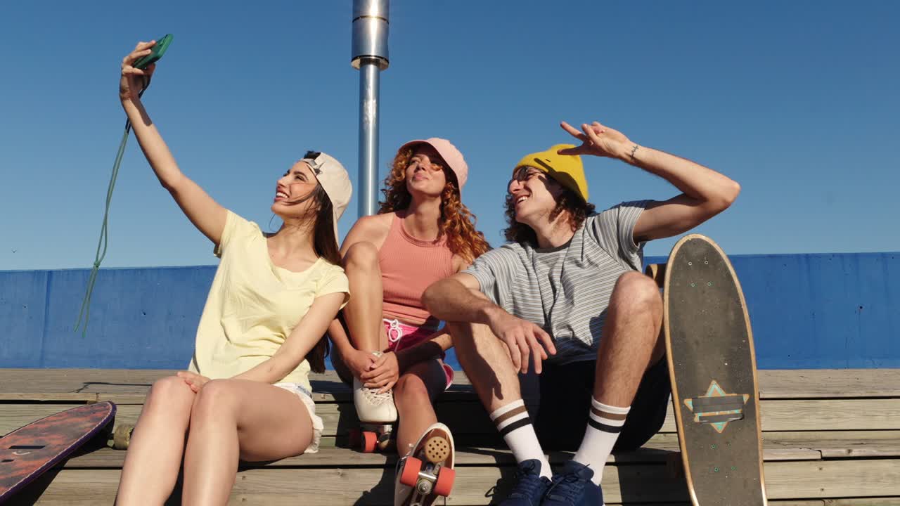 Amici che si fanno un selfie mentre vanno sullo skateboard