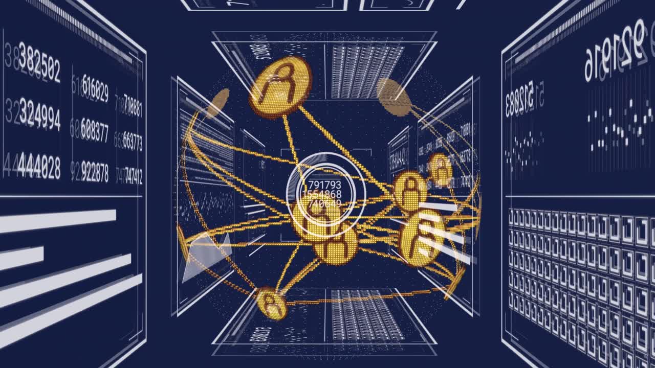 프로필 아이콘의 세계와 파란색 배경에 대한 데이터 처리 인터페이스의 애니메이션