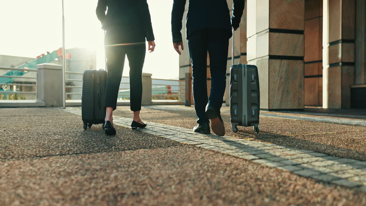 Maleta, gente de negocios y pies, de viaje