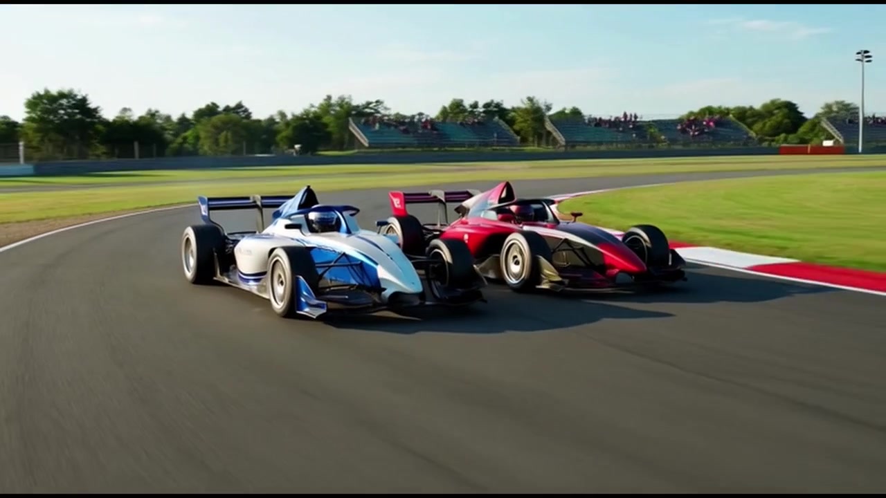 Dua Mobil Balap Formula Bersaing di Lintasan Profesional