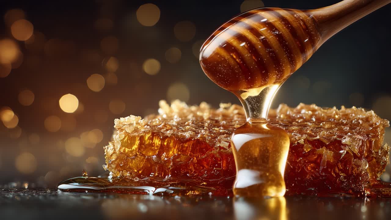 Primo piano accattivante di miele che cola da un cucchiaio di legno su un favo luccicante: un'esperienza visiva dolce con uno sfondo bokeh caldo.