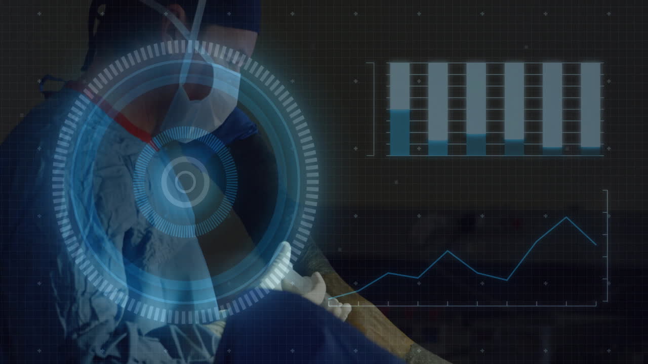 doctor leaning over patient abdomen in medical clinic, showing circular HUD, bar chart, line graph