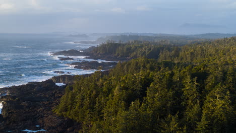 Drone-video-at-sunset-in-Ucluelet-British-Columbia,-Canada-over-the-ocean-and-forest