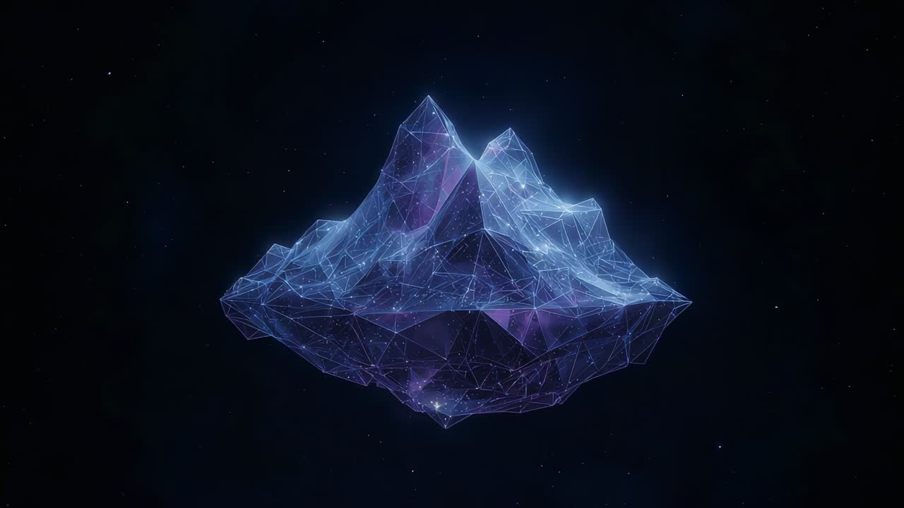 Loop starting, rotating polygon mesh drifting in void, lines shimmering and nodes pulsing as loop