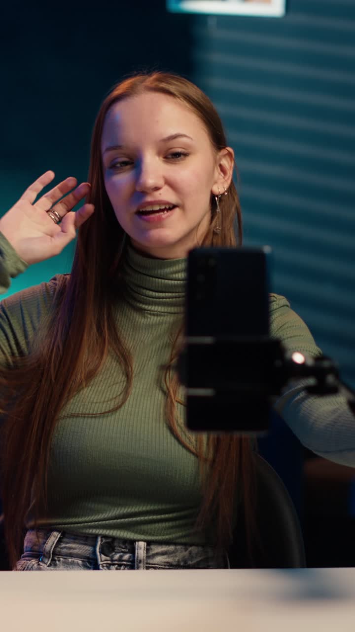 Giovane donna che usa uno smartphone per un vlog e gesticola