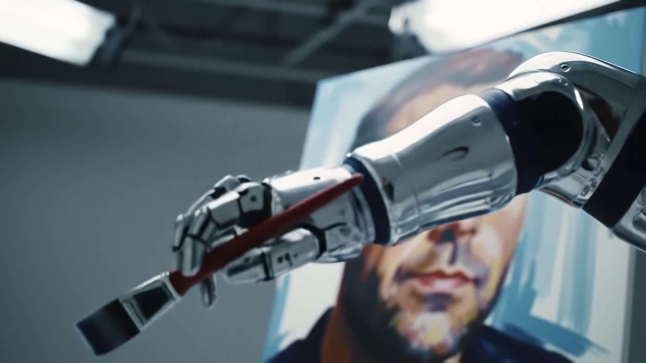 A Close-Up of a Robotic Arm Capturing the Artistic Essence in Progress of a Portrait Painting, Showcasing Precision and Innovation in Art Creation