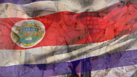 Animation-Der-Flagge-Costa-Ricas-über-Verschiedenen-Männlichen-Soldaten-Mit-Waffen