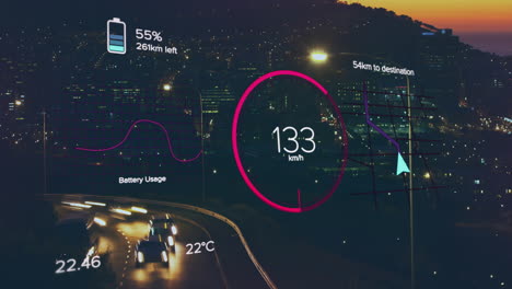 Animation of car digital interface speedomer with data processing over city