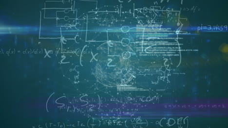 animation of mathematical sums and diagrams over connected dots forming globe on blue background