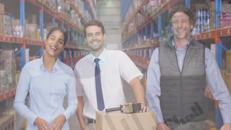 Animation-of-infographic-interface-over-smiling-diverse-coworkers-standing-in-warehouse