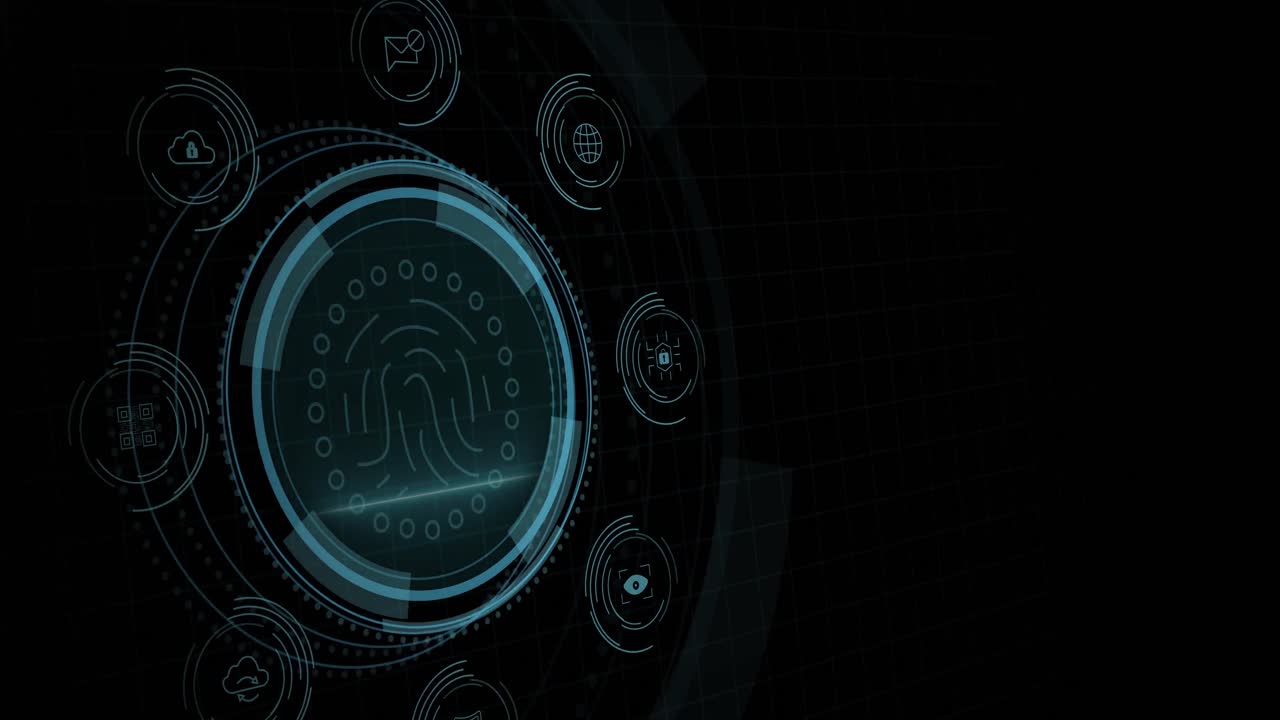 Animation of fingerprint scanning in circle and data protection on black background