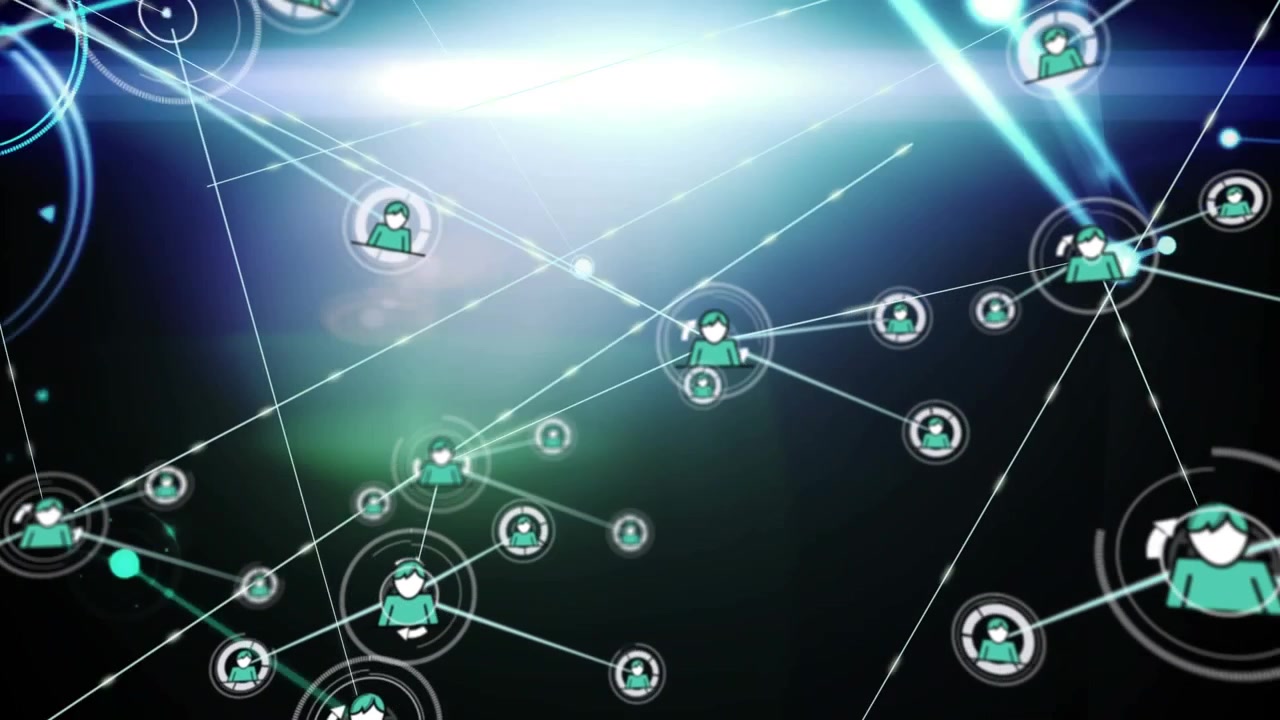 Animation of network of profile icons over light trails against blue background
