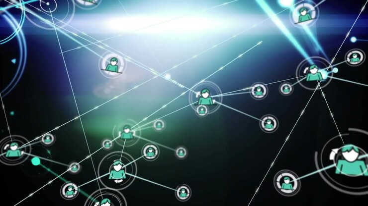Animation of network of profile icons over light trails against blue background