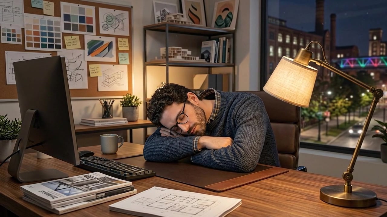 Professionista d'affari esausto che dorme alla scrivania dell'ufficio dopo lunghe ore di lavoro