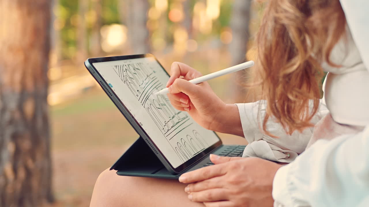 Woman sketching a building on a tablet with a stylus pen