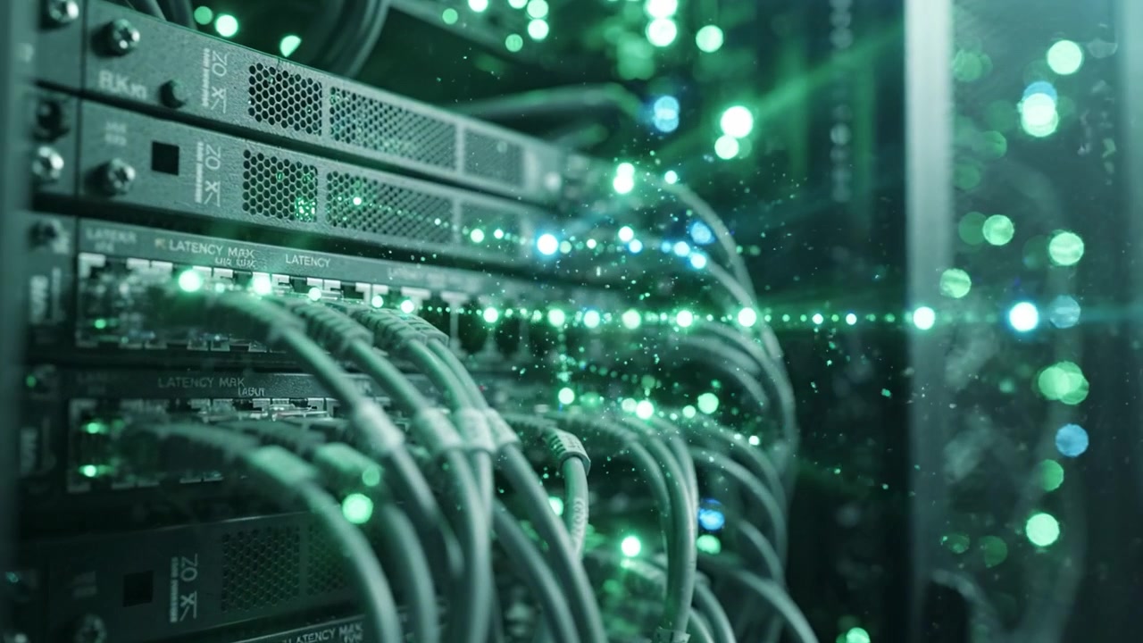 Captivating Close-Up of Server Rack with Colorful Light Effects and Organized Cables Providing a Glimpse into Modern Data Center Infrastructure