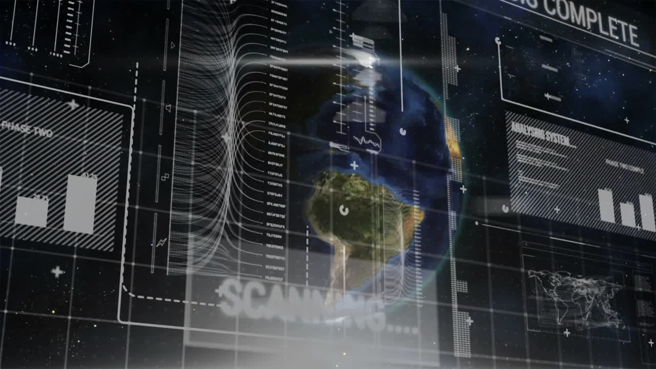 3D Earth globe rotating in virtual interface, with holographic panels, scanning text and charts