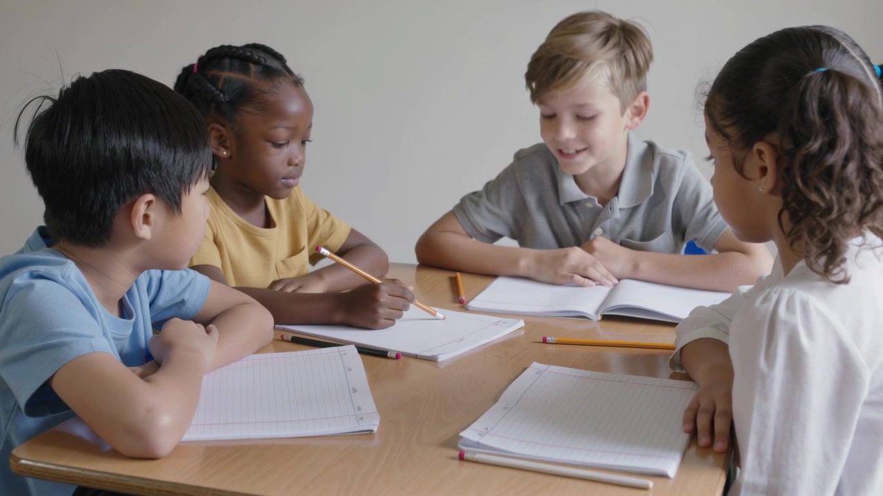 Speaking blond boy reading workbook at classroom table, mustard-top girl writing for group task