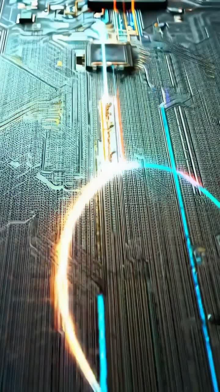 Close-up video of a circuit board with glowing lines, shot from a top-down angle