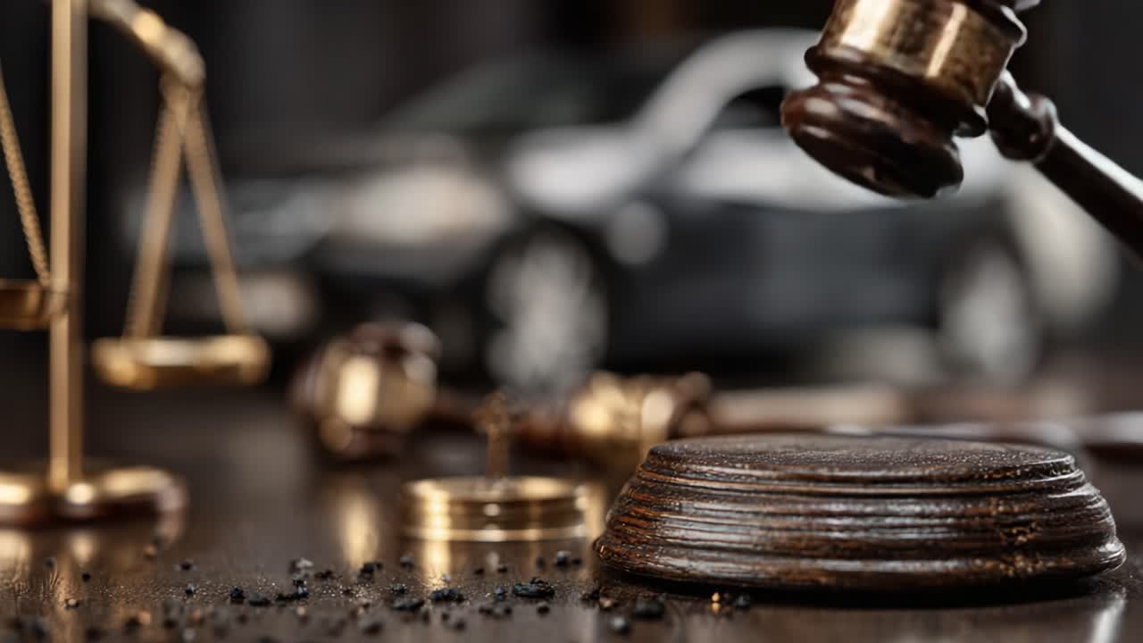 L'intersezione tra giustizia e automobili: esplorare il simbolismo legale attraverso il martelletto e la bilancia in uno sfondo automobilistico.