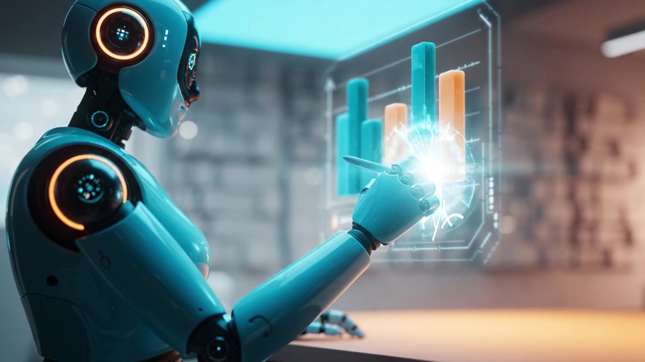 Advanced Robotic Assistant Analyzing Data Through Interactive Graphs and Charts, Showcasing State-of-the-Art Technology and Artificial Intelligence Capabilities