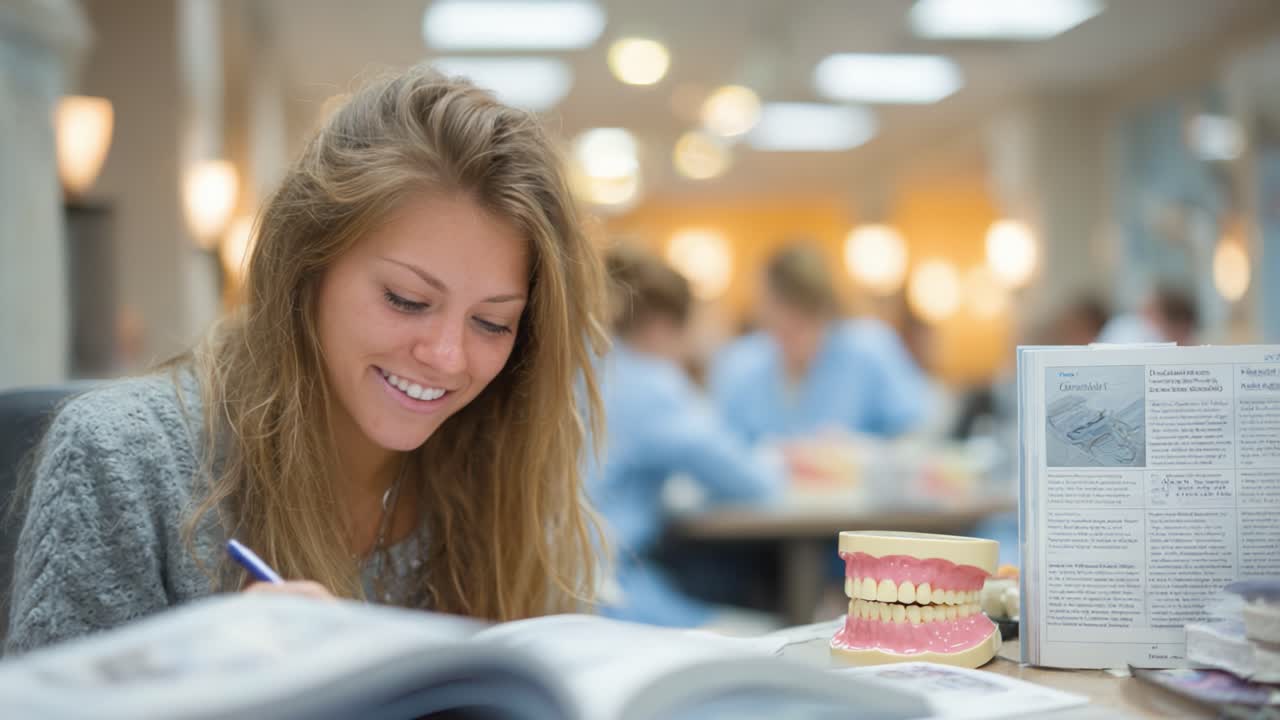 Student Engaged in Learning with Dental Models and Textbooks at Study Session in a Bright Classroom Environment