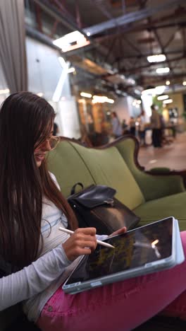 teenage girl drawing on tablet in a modern cafe