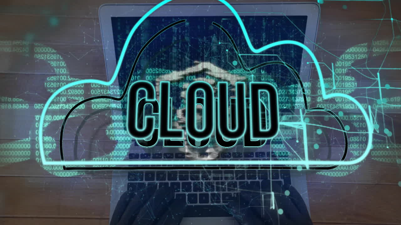 Animation of cloud text over chain and laptop with data processing
