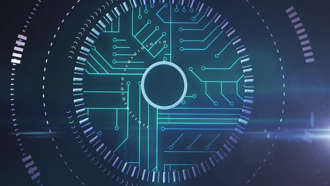 animación de una placa de circuito digital con un círculo verde brillante