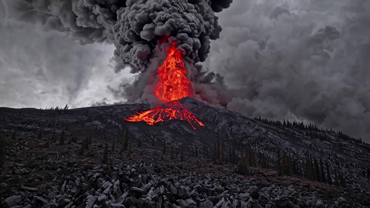 Volcanic Eruption with Lava Flow and Ash Cloud