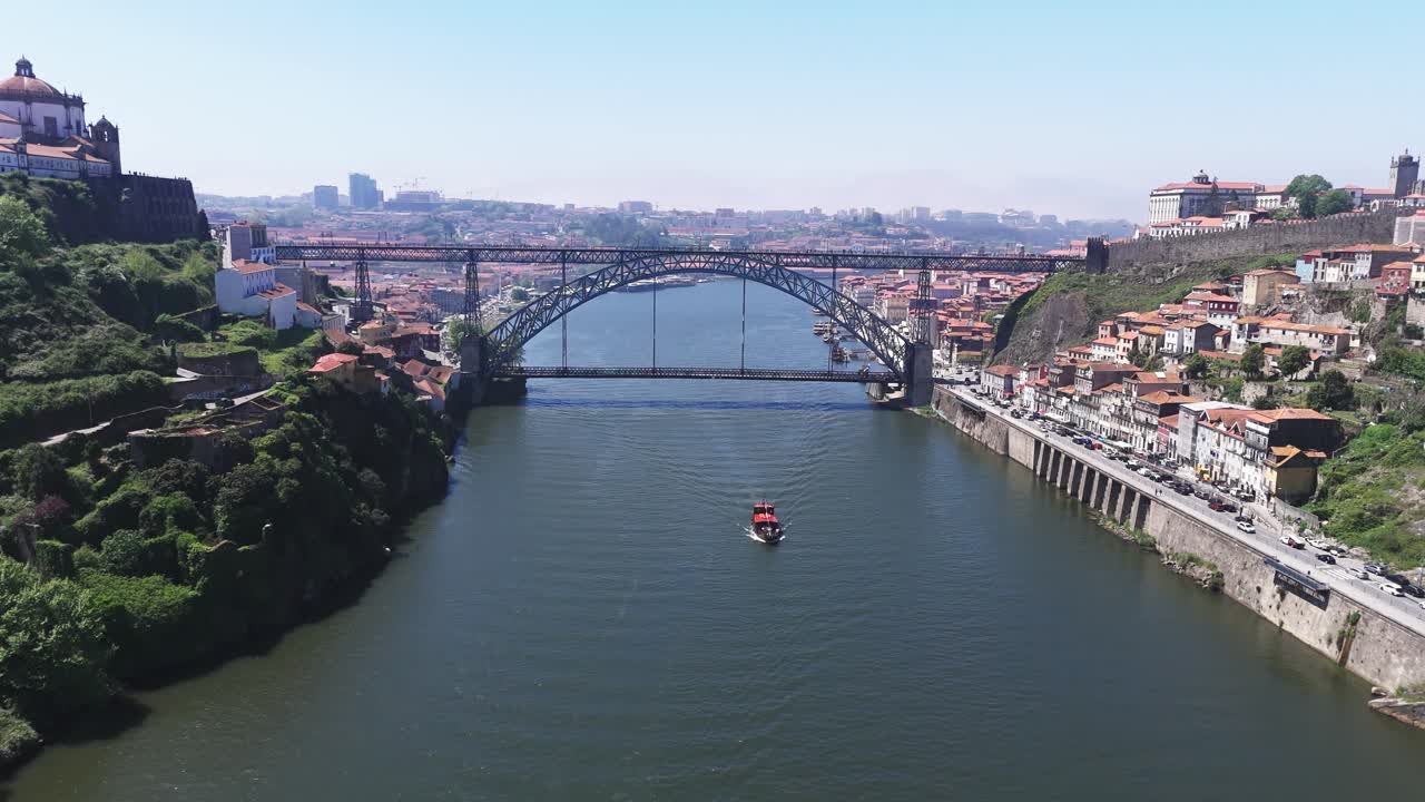 Fly towards Luís I Bridge in Porto, Portugal