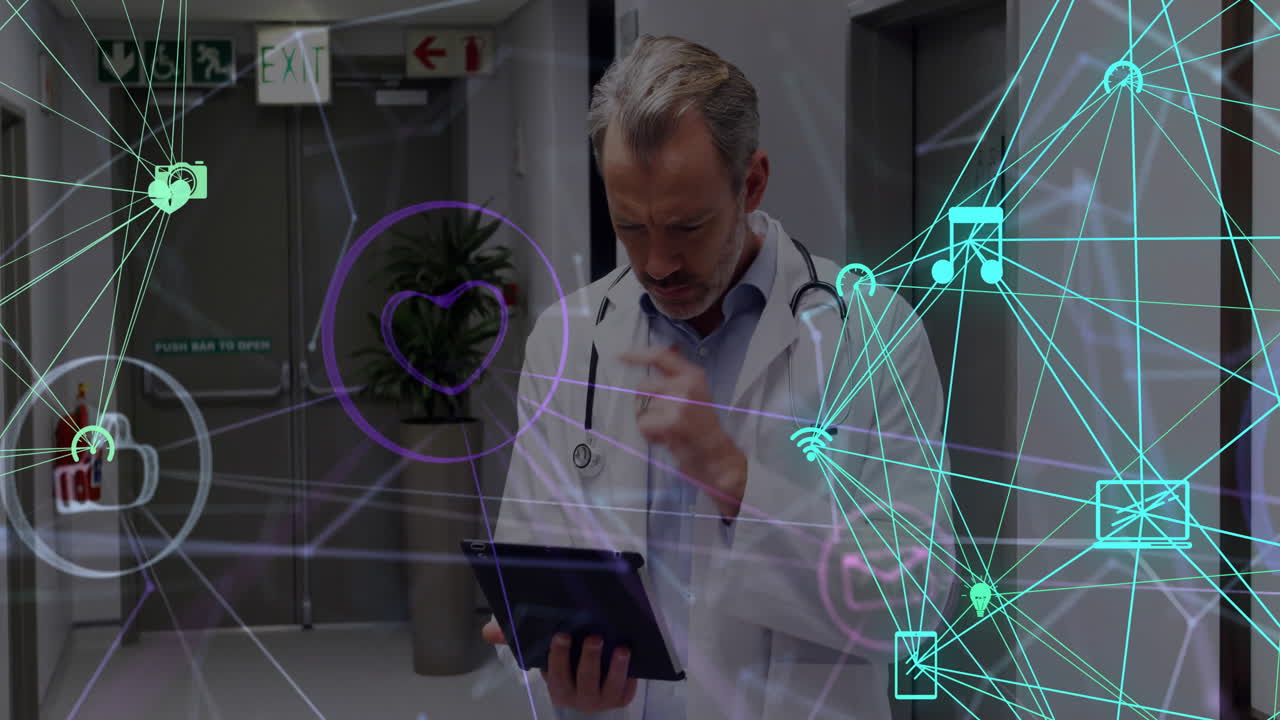 Animation of globe with connections with icons over caucasian male doctor with tablet