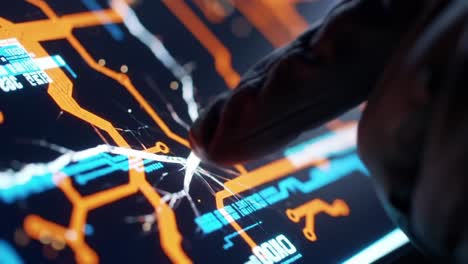 intricate digital interface displayed on high-tech screen with gloved hand interacting, showcasing futuristic patterns and data representation in a close-up view