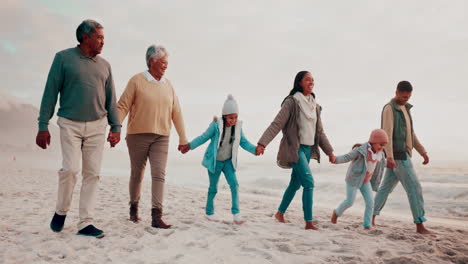 grandparents and grandchildren walking on the beach