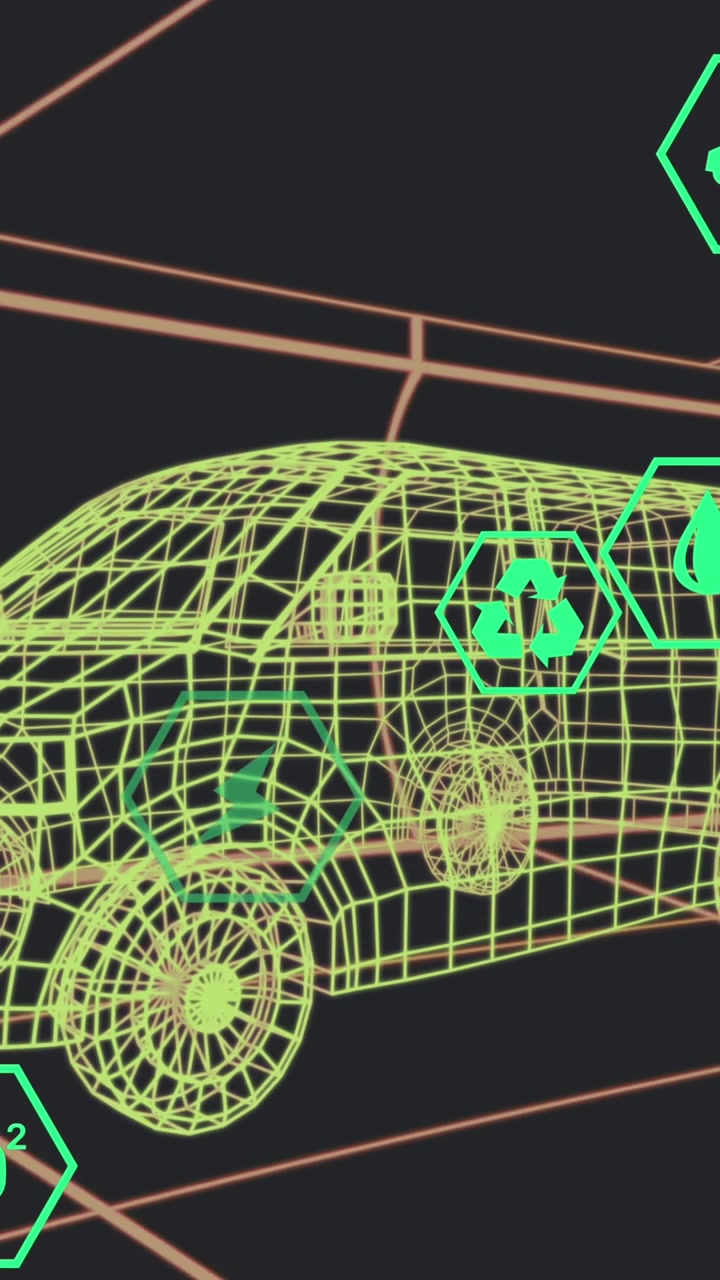 Animazione di icone che elaborano dati sullo stato su un modello 3D di furgone che si muove su sfondo nero