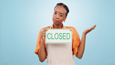 Black-woman,-closed-sign-and-advertising