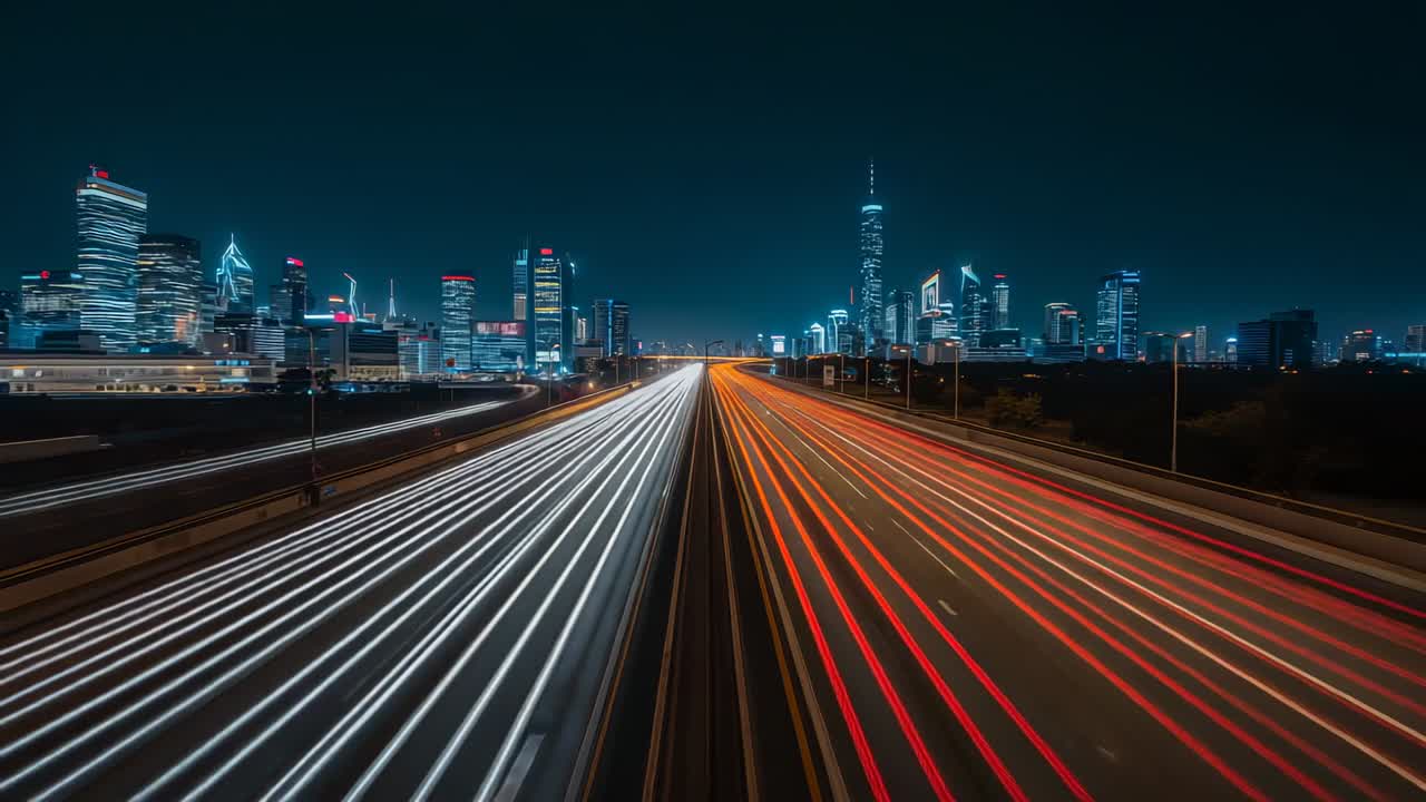 Shutter release capturing traffic forming red and white light trails from overpass with skyline