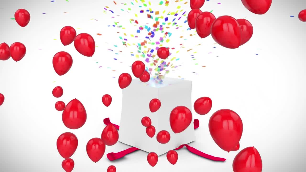 animación de globos rojos sobre la apertura de una caja de regalos blanca que libera confeti colorido