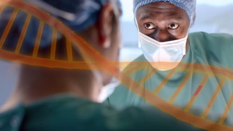 Animation-of-dna-strand-over-diverse-surgeons-in-hospital