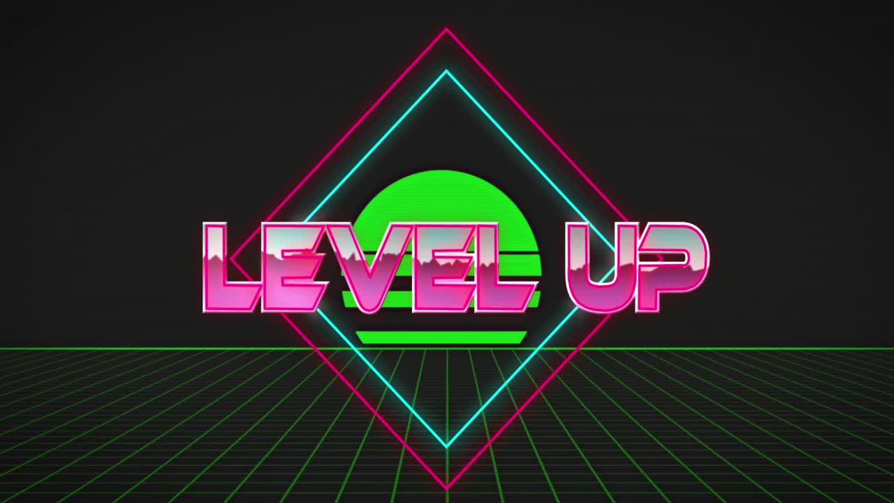 animación de banner de texto de nivel superior sobre formas cuadradas de neón y red de cuadrícula sobre fondo negro